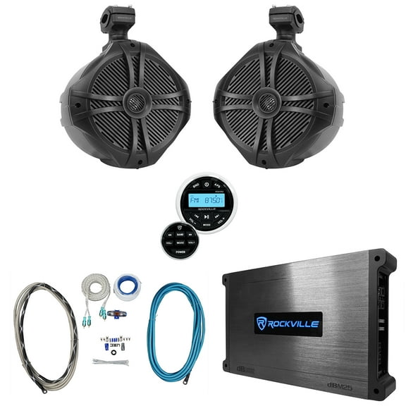 (2) Rockville RWB90B Black 8" Marine Wakeboard Swivel Speakers Amp Receiver