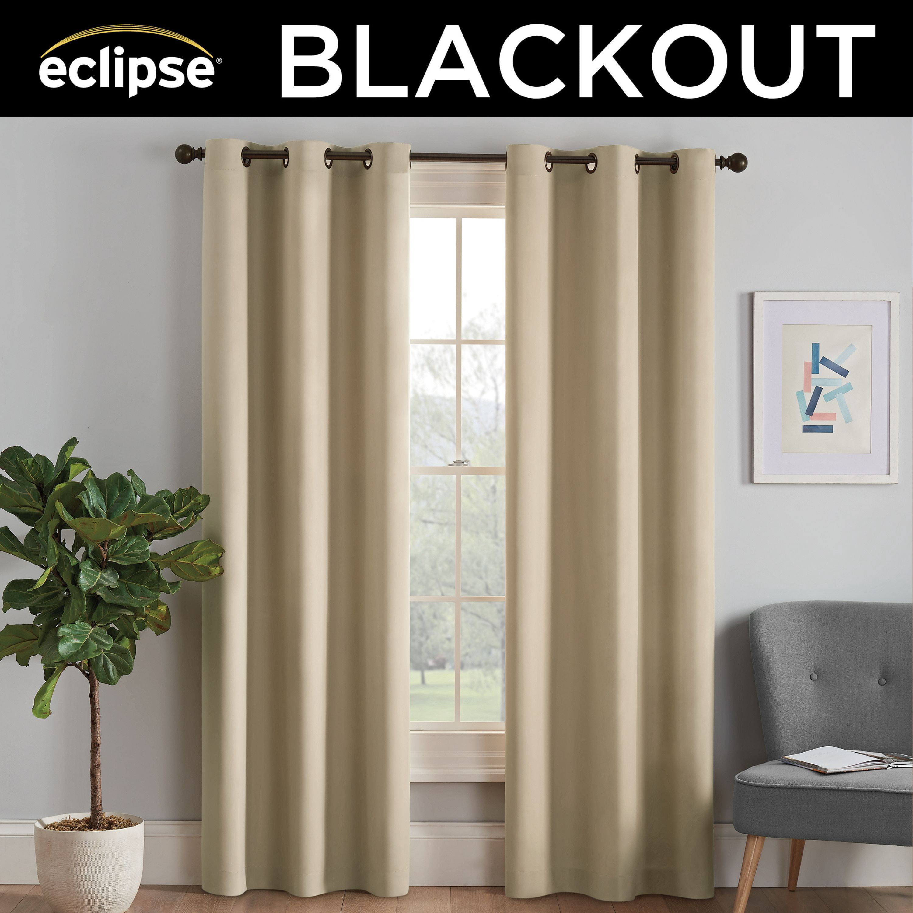 Eclipse Microfiber Blackout Grommet Curtains, Solid Thermaback Window Curtains (1 Panel), 42 In wide x 63 In long, Beige