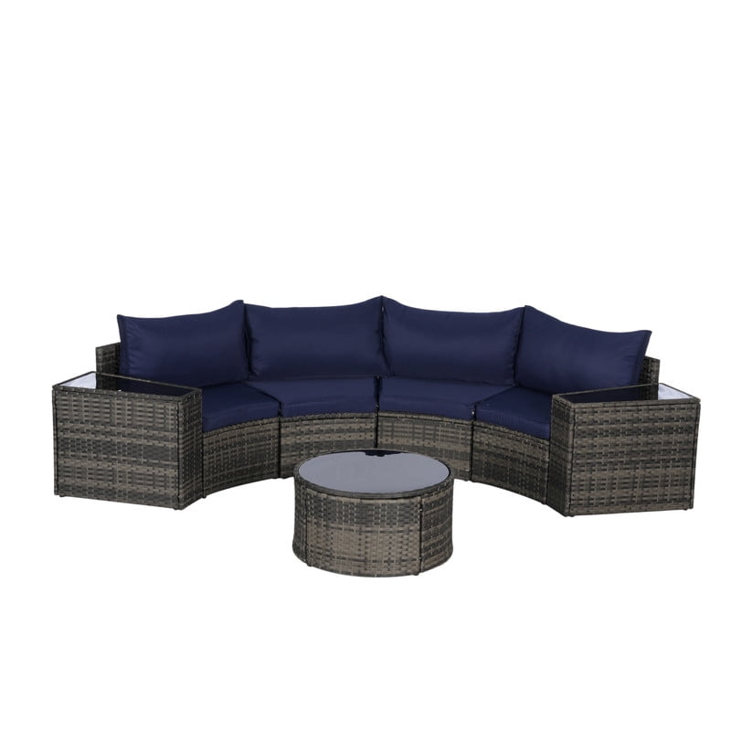 7-Piece Patio Furniture Set with Round Coffee Table, All Weather Wicker PE Rattan Half-Moon Curved Sectional Sofa Set with 2 Side Table for Backyard