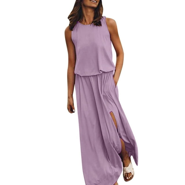 Robe d'Été 2025 pour Femmes Midi Robe pour Femmes Sans Manches à Col Rond Maxi Robe pour Femmes Robes Couleur Unie Fente Robe d'Été Décontractée Ouverture