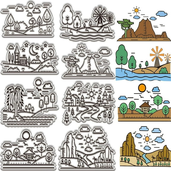 Landscape Background Clear Rubber Stamps Tree House Bird Mountain Vintage Reusable Seals Transparent Silicone Sealing Stamp for DIY Scrapbooking Journaling Card Making Photo Albums Decor