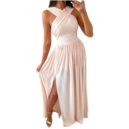 

Black Dresses for Women Sweater Dress Women s Summer Sexy Plain Slimming Backless Halter Neck Hem Split Dresses Maternity Dress for Photoshoot Cocktail Dress Summer Savings Clearance Beige S