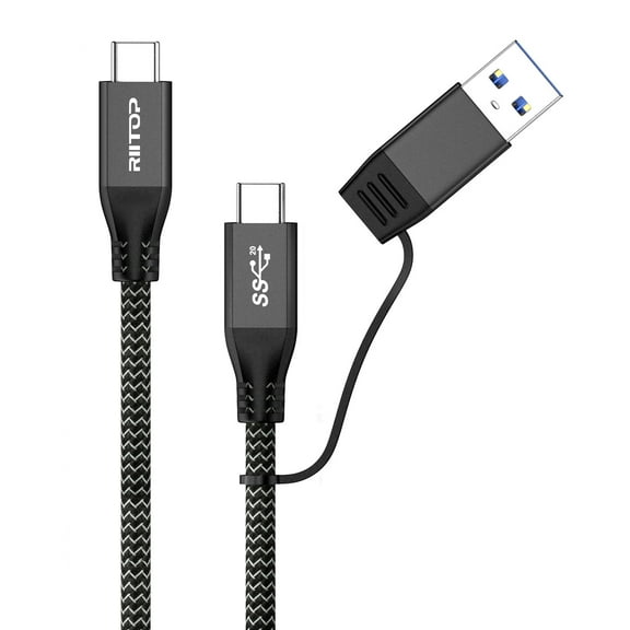 USB Type C to C Cable 20Gbps, 100W PD Fast Charging Charger Cable 1FT,  RIITOP Braided 2IN1 USB 3.2 Type C Y Short Cable E-Marker Chipset Inside, Come with USB C to A Adapter, USB C Y Cable