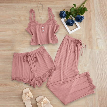 Sevevn Sexy Women Lingerie Lace Suspenders Pajamas Shorts Home Clothes Pajamas Three-piece Suit Pink XXL Gift for Adults