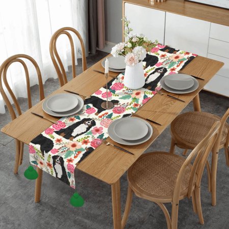 

Bernese Mountain Dog Vintage Style Florals Table Runner Imitation Linen Table Runner With Green Tassels For Party And Dining Room 14 x 60