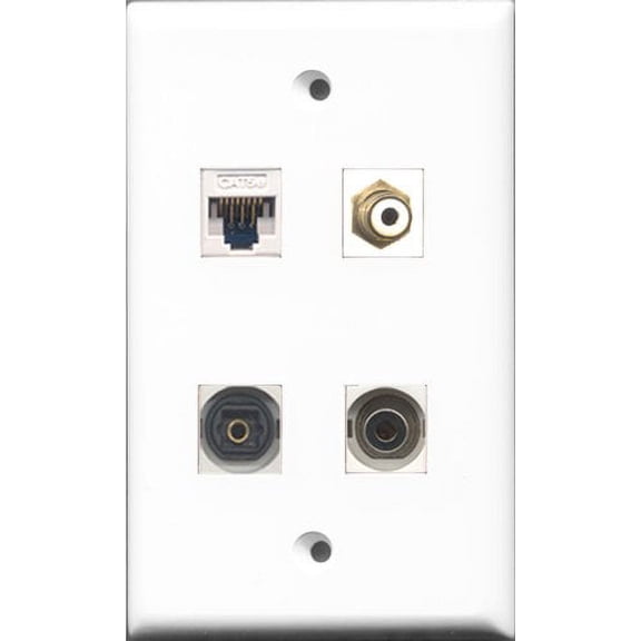RiteAV 1 Port RCA White and 1 Port Toslink and 1 Port 3.5mm and 1 Port Cat5e Ethernet White Wall Plate