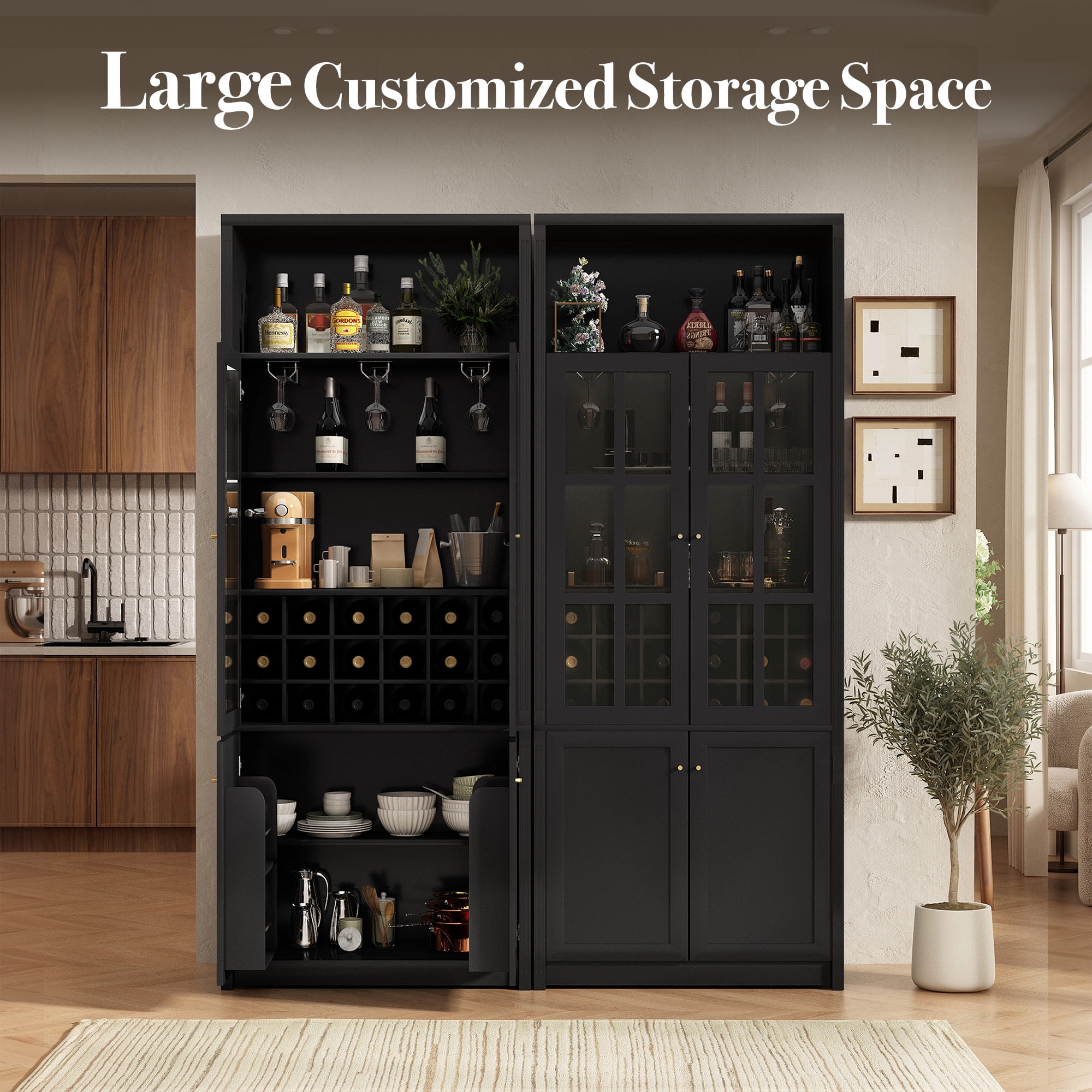 Euroco 78.7" Tall Modern Wine Bar Cabinet with Glass Doors,Coffee Bar Cabinet with 18 Wine Racks, Stemware Rack,Door Storage Shelves & Adjustable Shelves for Kitchen Dining Room,Black