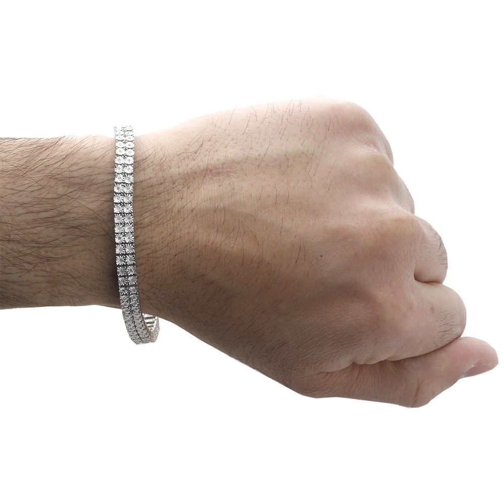 White Diamond Bracelet Mens 2 Row Tennis Link Design Sterling Silver 0.46 ct.