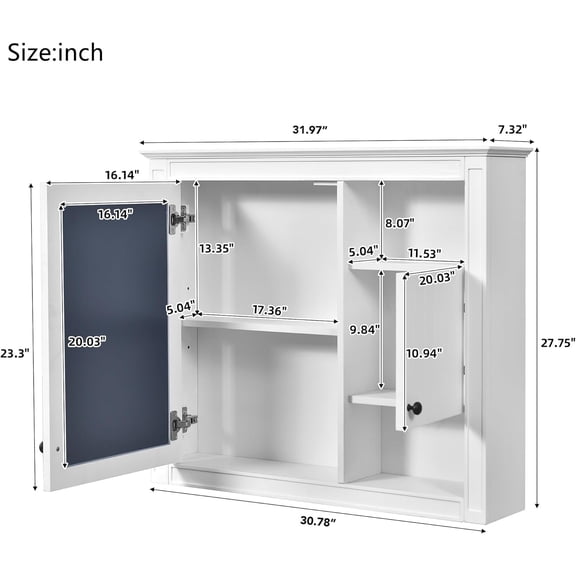 Bathroom Medicine Cabinet Mirror, Wall Mounted 32" Storage Organizer with 2  and Open Shelves, Painted Farmhouse Style