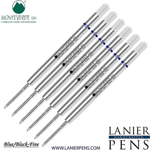 Lanier Combo Pack - 6 Pack - Monteverde Capless Ceramic Gel P42 Ink Refill Compatible with most Parker Style Ballpoint Pens - BlueBlack (Fine Tip 0.6mm)