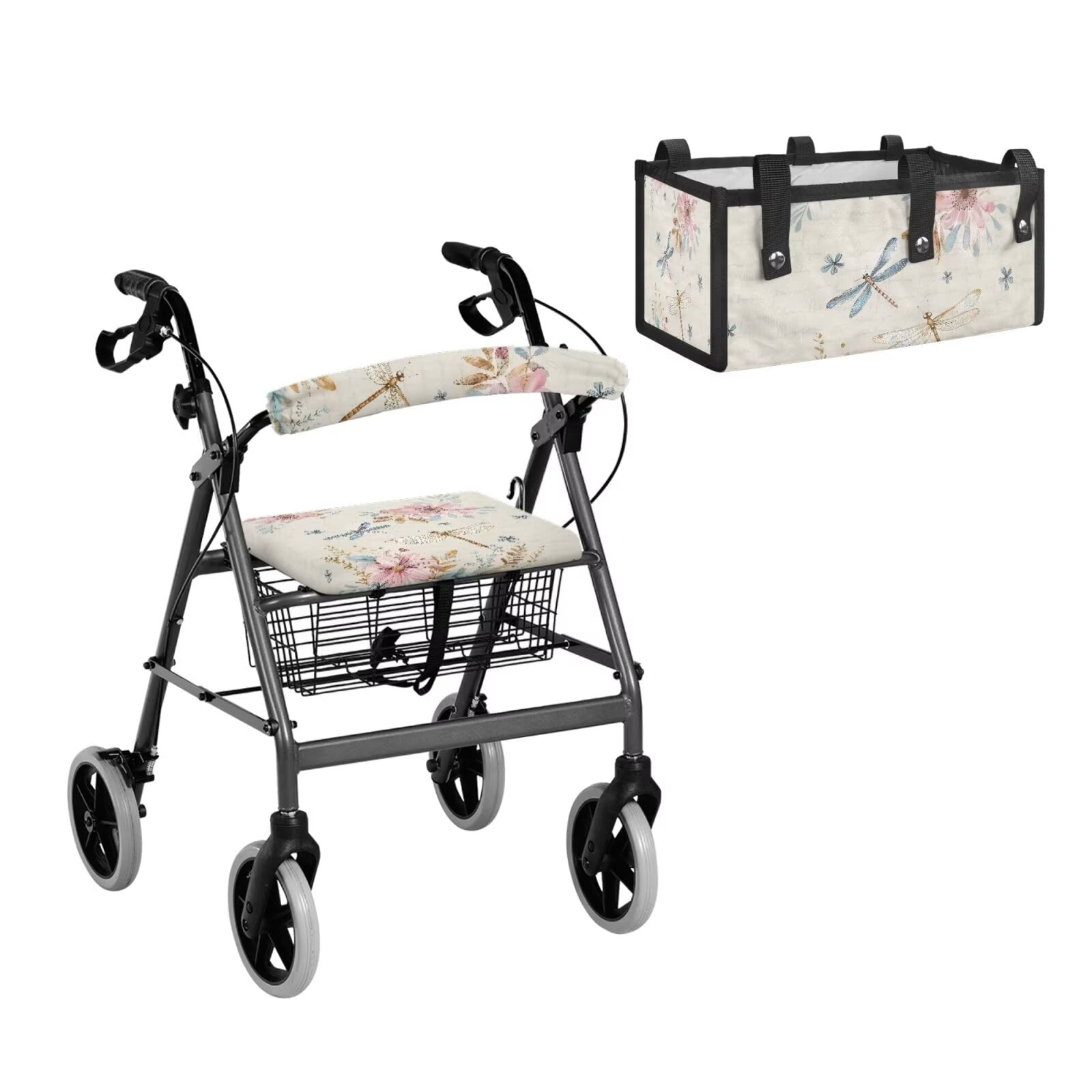 COEQINE Rollator Walker Seat and Backrest Covers with Storage Bag 3 Pieces Set, Universal Washable Rollator Walker Accessories Gifts for Seniors Ladies, Retro Dragonfly Flower