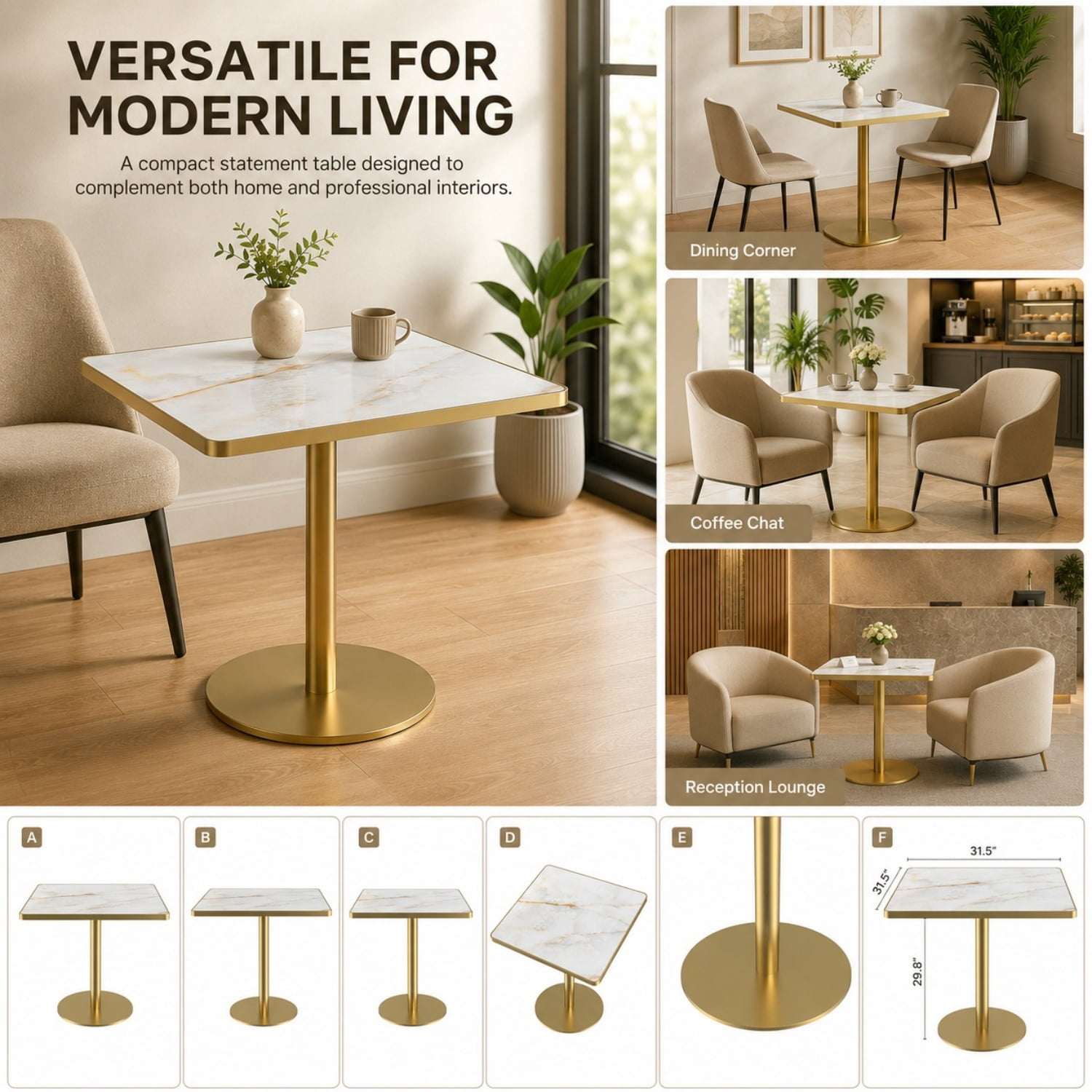 Miniyam 31.5 in Square Dining Table, Glossy Marble-Look Small Kitchen Table with Titanium Gold Feet, White Gold Vein