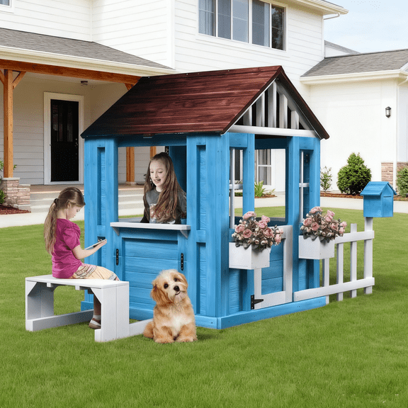 Aukfa Kids Playhouse,Wooden Playhouse for Boys Girls,Picnic Bench, Mailbox, Fence & Flowerpot Holders for Backyard, Garden, Lawn,Blue