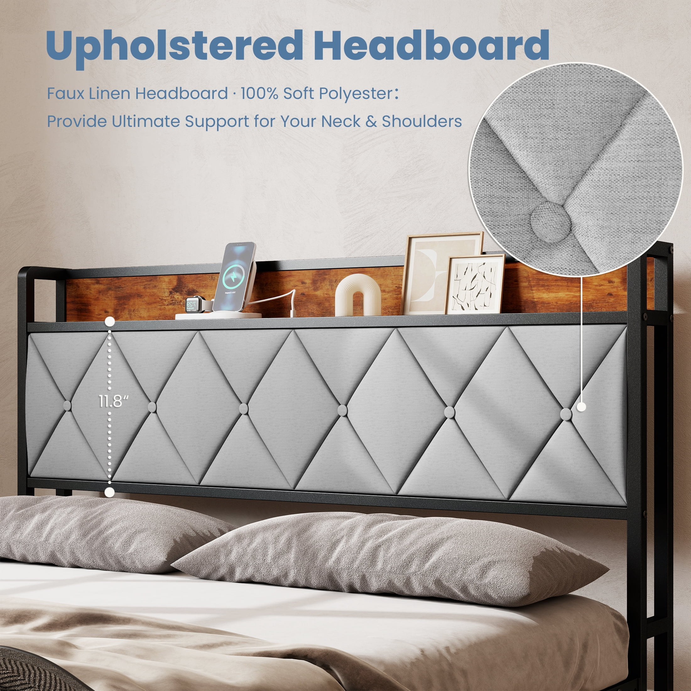CONCETTA Full Bed Frame, Heavy Duty Metal, Storage Headboard with Charging Station, Noise Free, No Spring Box Required, 880lbs Capacity