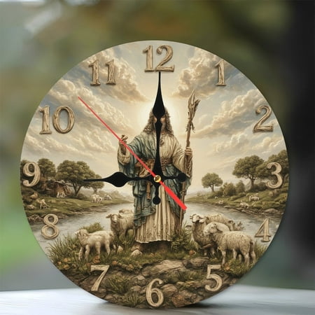 10-Inch Silent Wooden Wall Clock, Good Shepherd Wall Clock Religious Art Home Decor Silent Non-Ticking Clock, Battery Operated (AA Batteries Not Included), Artistic Home Decor