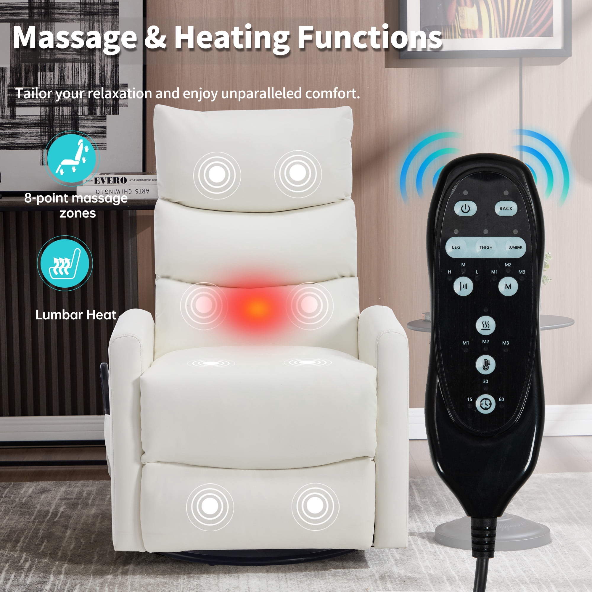 Aukfa 360° Swivel Recliner Rocking Chair with Massage and Heat for Living Room & Nursery, Leather, White