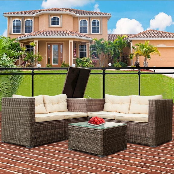 Rattan Patio Sofa Set, 4 Pieces Outdoor Sectional Furniture, All-Weather PE Rattan Wicker Patio Conversation, Cushioned Sofa Set with Glass Table & Ottoman for Patio Garden Poolside Deck