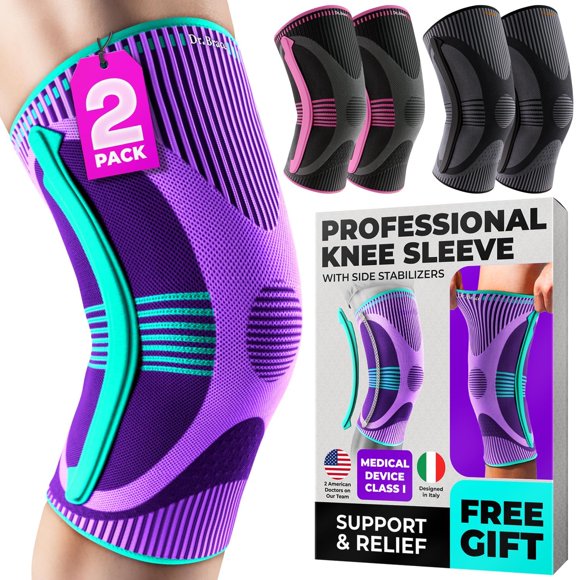 Rodillera DR. BRACE ELITE con estabilizador de tamaño (paquete de 2). Rodillera para mujeres y hombres, ideal para entrenamiento, deportes y uso diario. Manga de compresión para máxima sujeción del do