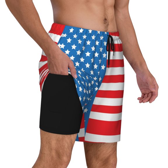 Mens America Flag Swimming Trunks with Compression Liner Beach Quick Dry Swim Shorts