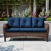Meetleisure 72"Wide 3-Seat Brown Wicker Outdoor Sofa, Couch Patio Sofa with Deep Seating and Thick Cushions, Dark Blue