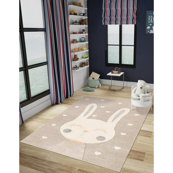 Unique Loom Whimsy Kids Collection Area Rug - Heart Bunny (5' 3" x 8' Rectangle Peach Blossom/Ivory)