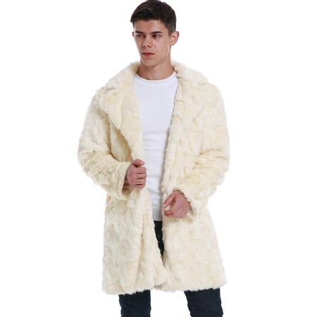 Winter Men Faux Fur Coat Notched Collar Long Sleeve Open Front Thicken Jacket Parka Outerwear Overcoat (Best Sport Coats For The Money)