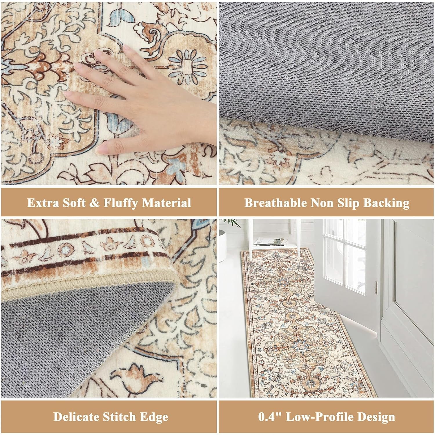 Findosom 2'x6' Vintage Runner Rug 0.4" Distressed Hallway Rug Non Slip Laundry Runner Rug Decor Rug Washable Runner Rug Kitchen Floor Mat Entryway Rug Runner for Laundry Kitchen Entryway, Beige
