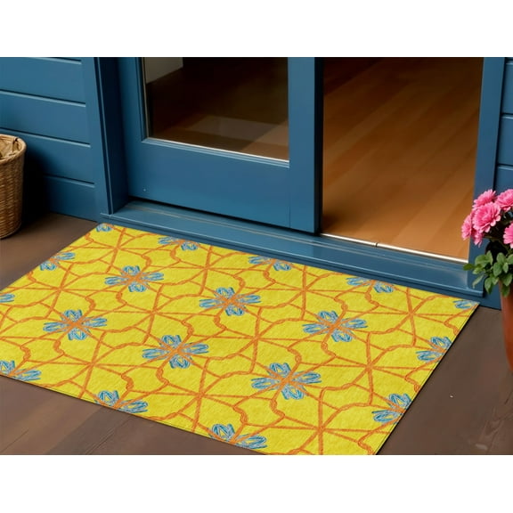 HomeRoots 613452 3 x 5 ft. Yellow & Teal Blue Geometric Washable Indoor & Outdoor Rectangle Area Rug