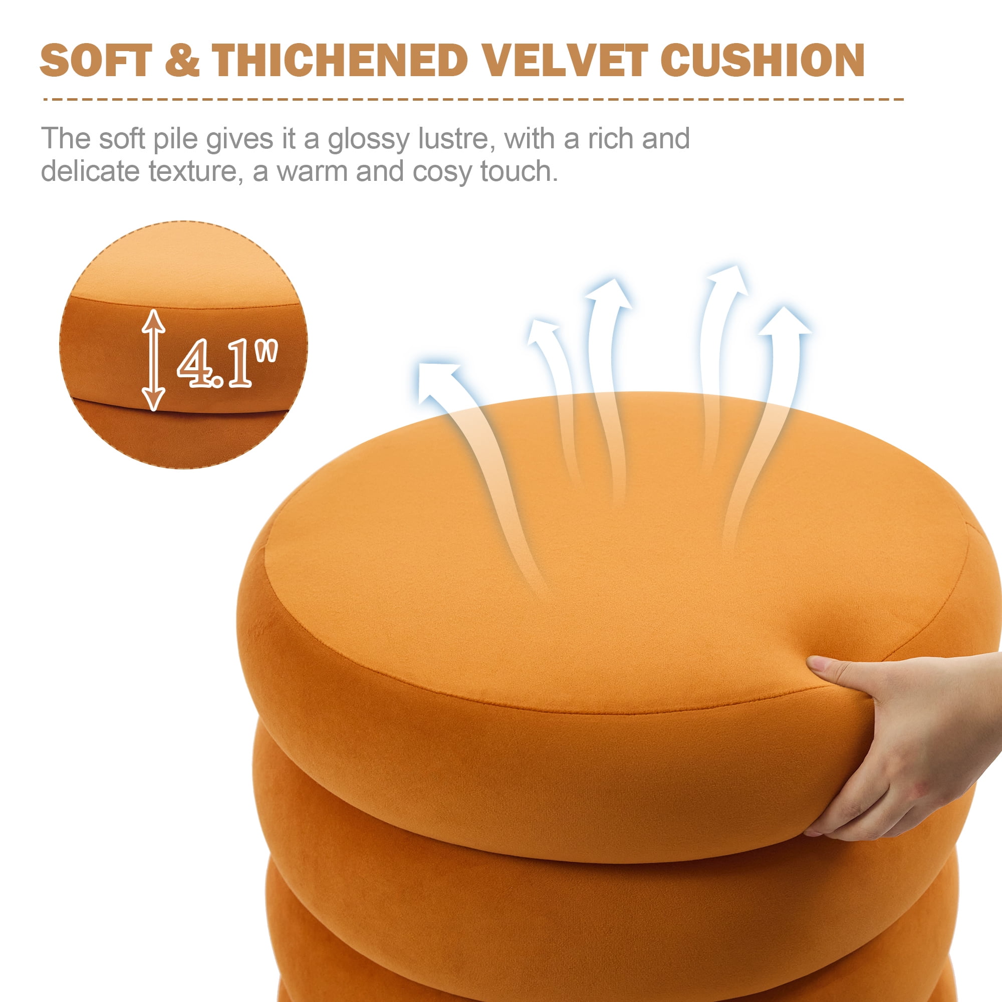 Zesthouse 19.5" Wide Round Storage Ottoman, Velvet Tufted Ottoman Footstool for Living Room Bedroom, Orange