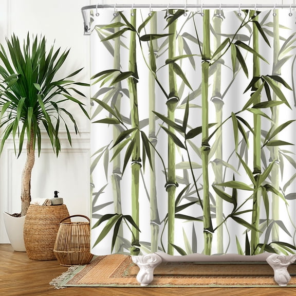MIZHONA Green Bamboo Shower Curtain Spring Leaves Plants Fabric Bathroom Curtain 72x72 in
