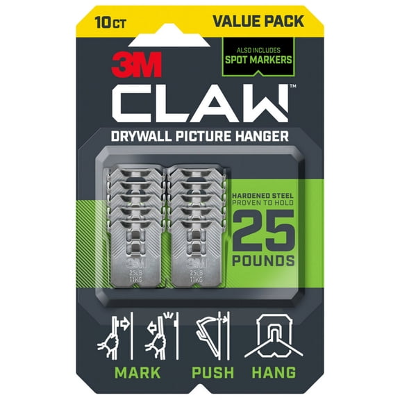 3M CLAW Drywall Picture Hanger with Spot Marker, Holds 25 lbs, 10 Hangers, 5 Markers