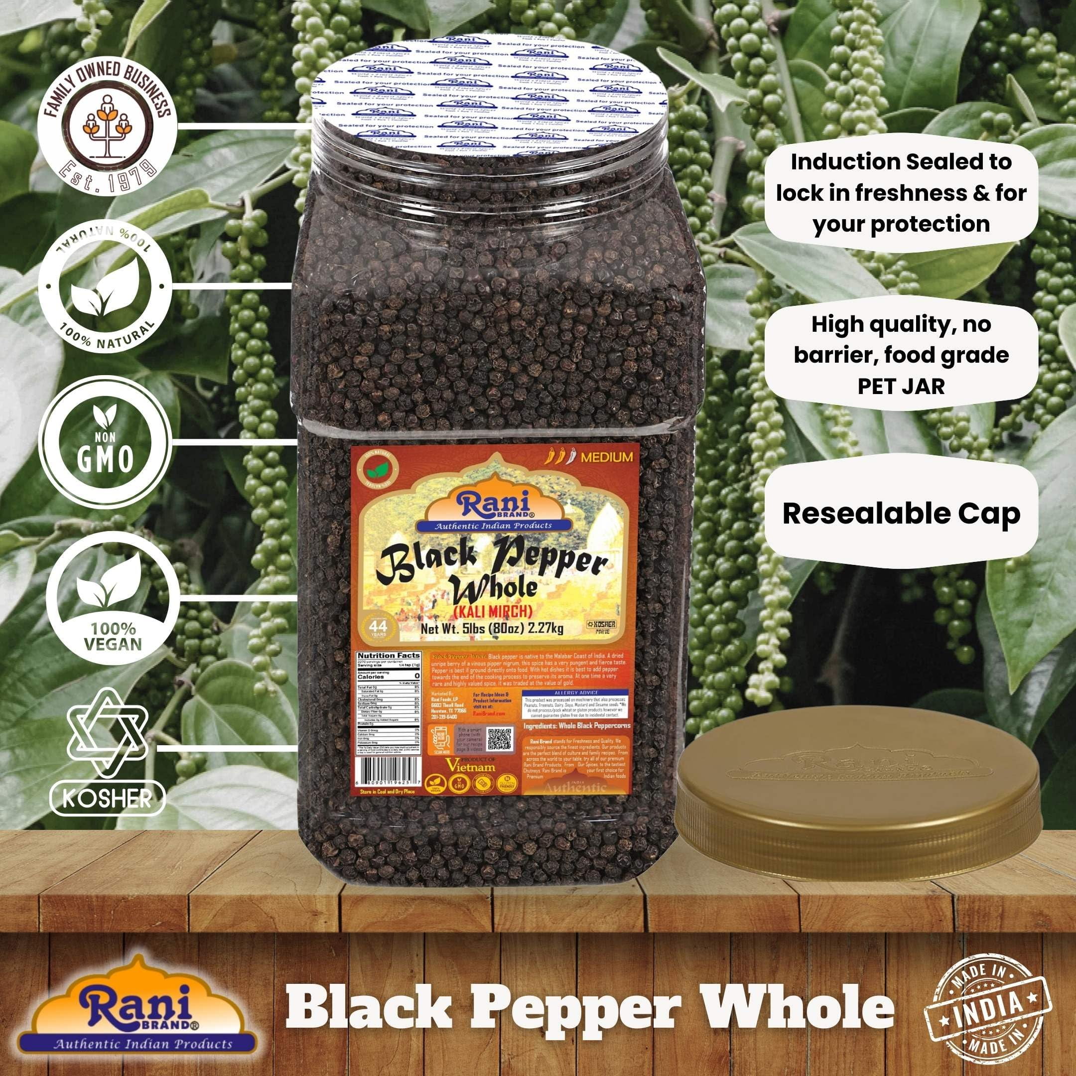 Rani Black Pepper Whole (Peppercorns), Premium MG-1 Grade 80oz (5lbs) 2.27kg Bulk PET Jar ~ All Natural | Gluten Friendly | Non-GMO | Kosher | Perfect size for Grinders!