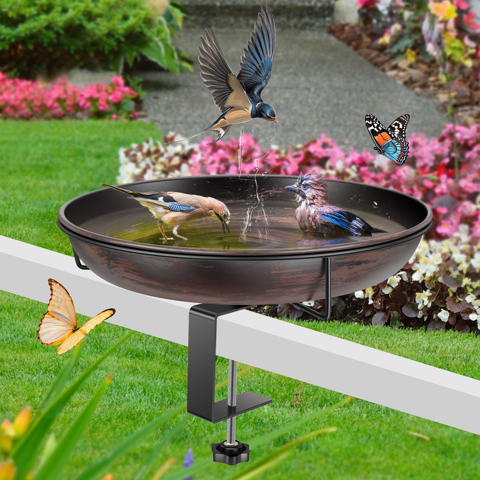 Threns Deck Mounted Bird Bath Bowl,12" Balcony Railing Birdbaths,Metal Birdbath for Outside with Sturdy Adjustable Clamp for Fence Outdoor Decor
