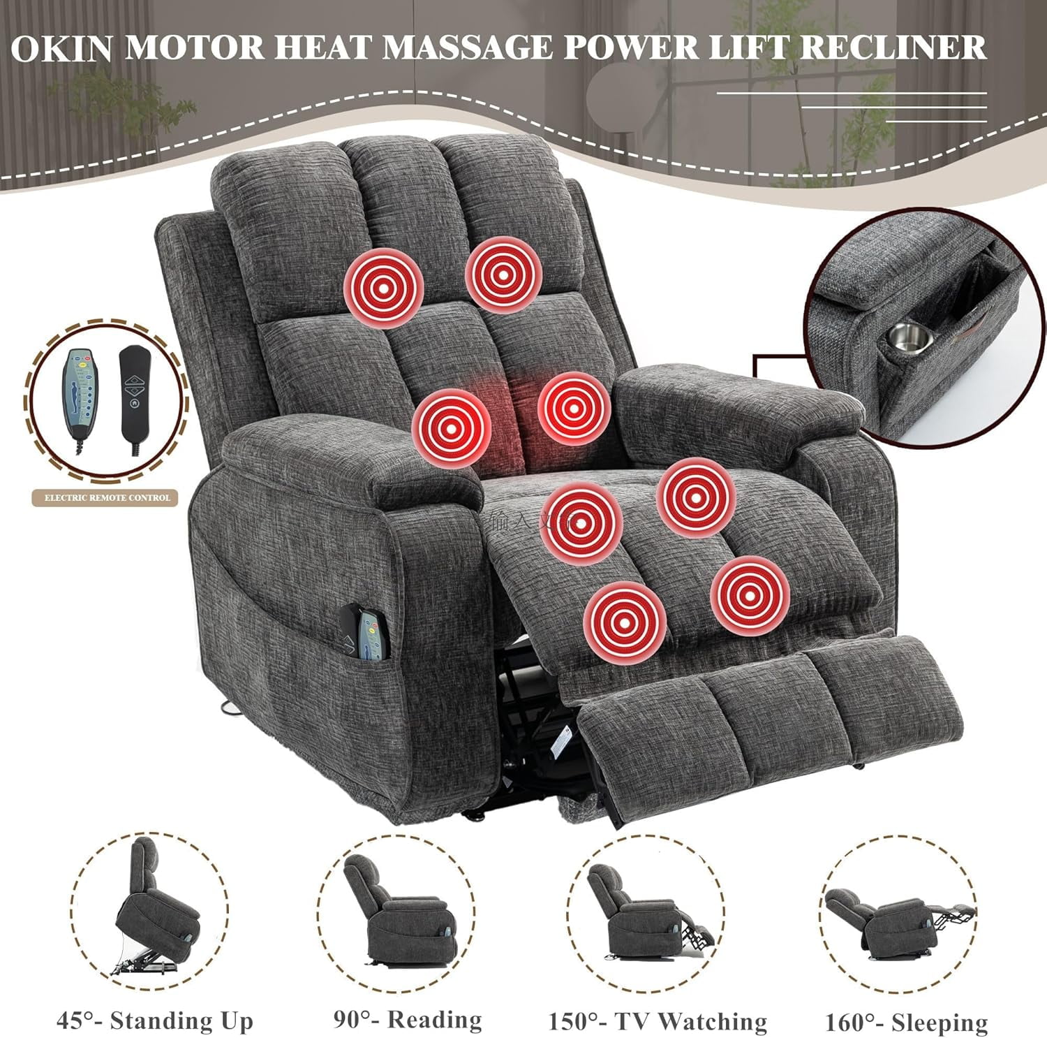 Power Lift Recliner Chairs for Elderly - Infinite Position Lay Flat Recliner with Heat & Massage Side Storage Cup Holder - USB Type C Charging - Dual Motor Lift Chair 400 lbs
