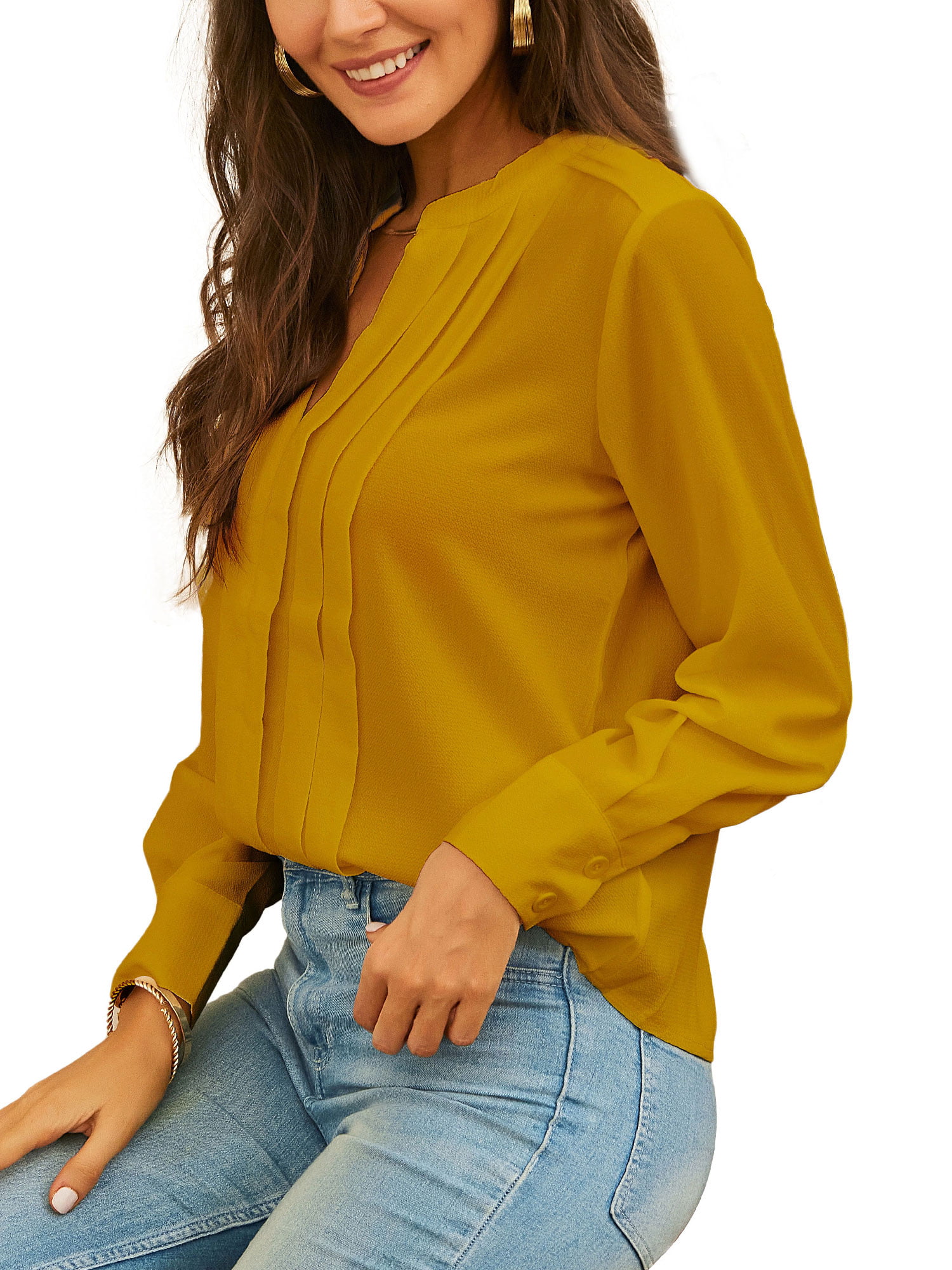 Niuer Women Leisure Loose Solid Color T Shirts Long Sleeve V Neck