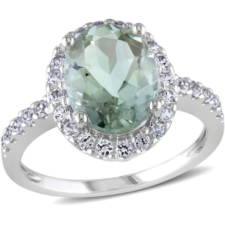2-7/8 Carat T.G.W. Green Amethyst and Created White Sapphire 10kt White Gold Halo Cocktail Ring