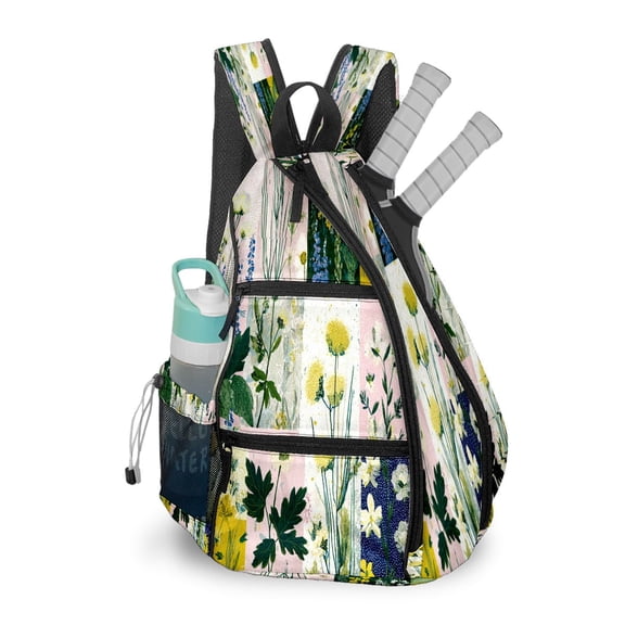 Pickleball Bag with Padded Back, Garden Floral Beige Multi-Compartment Paddle Backpack, Lightweight Nylon Sports Bag for Men & Women
