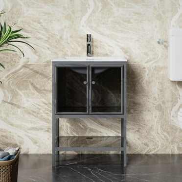 Goodyo 24" Bathroom Vanity Sink Combo, Freestanding Vanity Cabinet with 2 Doors and 1 Open Shelf, Metal Frame, Tempered Glass, Grey