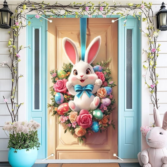 Homekingdee Easter Bunny Wreath Door Cover - Spring Easter Door Hanging Decoration for Front Door Indoor Outdoor Festive Party