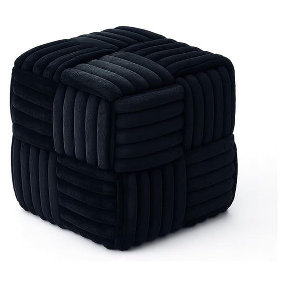 Faux Fur Ottoman Footrest 15.7" Square Vanity Stool, No Assembly Required, Soft Padded Seat for Bedroom, Living Room, Entryway (Black)