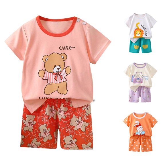 Weebloom Baby Girls Pajamas Casual Fashion Short Sleeved Top Shorts Home Clothes Pajamas Two Piece Short Sleeved Suit Sleepwear Nightwear Pjs Loungewear Pink 24-36 Months