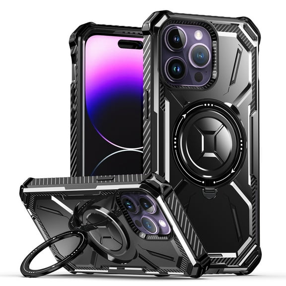 For Apple iPhone 15 Pro Max 6.7 inch Magnetic Rind Stand Car Mount Holder Magsafe Wireless Charging Shockproof Protective Hybrid Case Cover Black