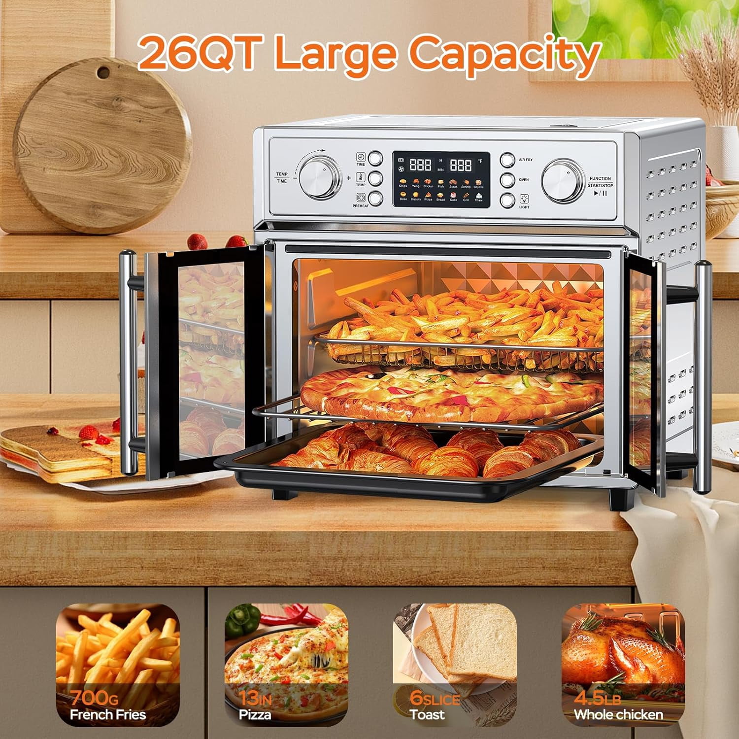 Plum Chef 26QT Large Capacity French Double-Door Air Fryer Convection Toaster Oven, 1700W, 14 Preset Menus, 7-in-1 Multi-Function (Bake, Roast, Gril,Toast,Dehydrate&Defrost), Stainless Steel,silvery