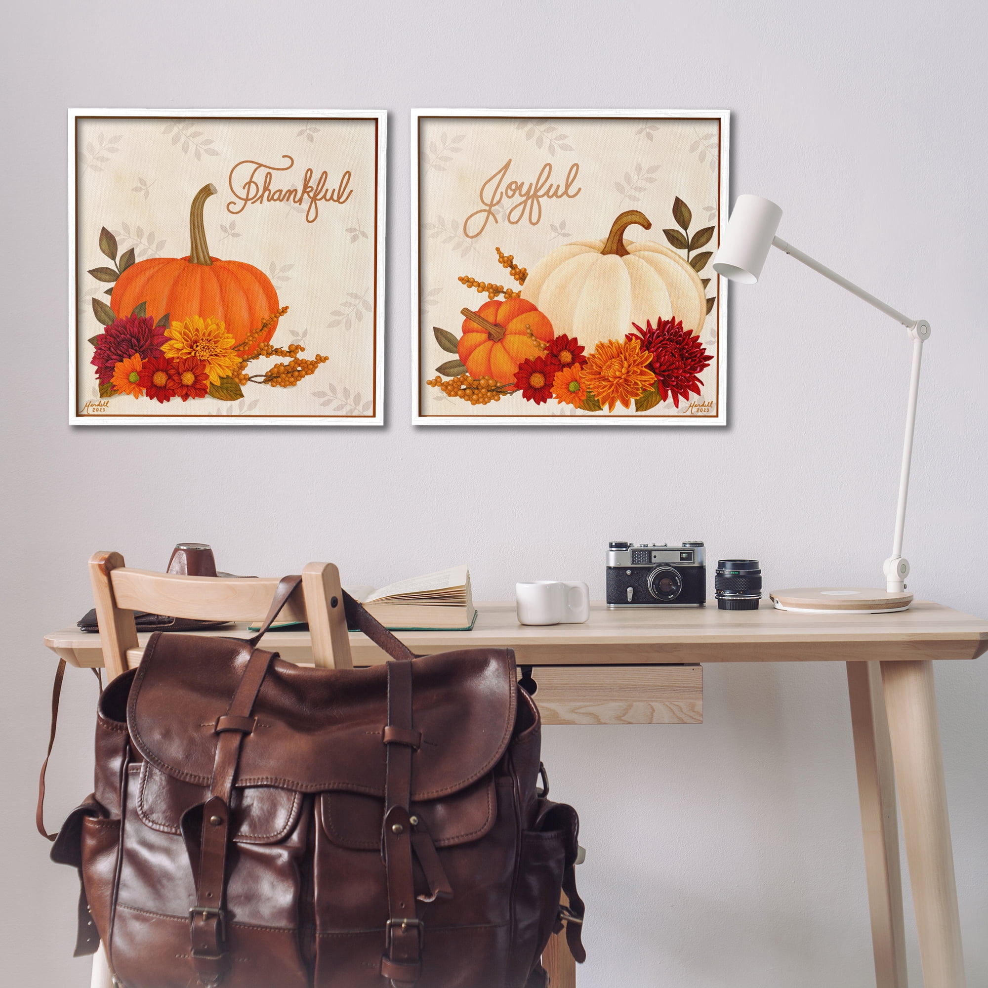 Stupell Industries Joyful Thankful Sentiment Pumpkin Holiday Painting White Framed Art Prints Wall Art, 24 x 24, Set of 2