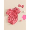 thumbnail image 3 of Bagilaanoe Newborn Baby Girl Summer Rompers Plaid Short Sleeve Off Shoulder Bodysuits + Headband 3M 6M 12M 18M Infant One Piece Jumpsuit, 3 of 7
