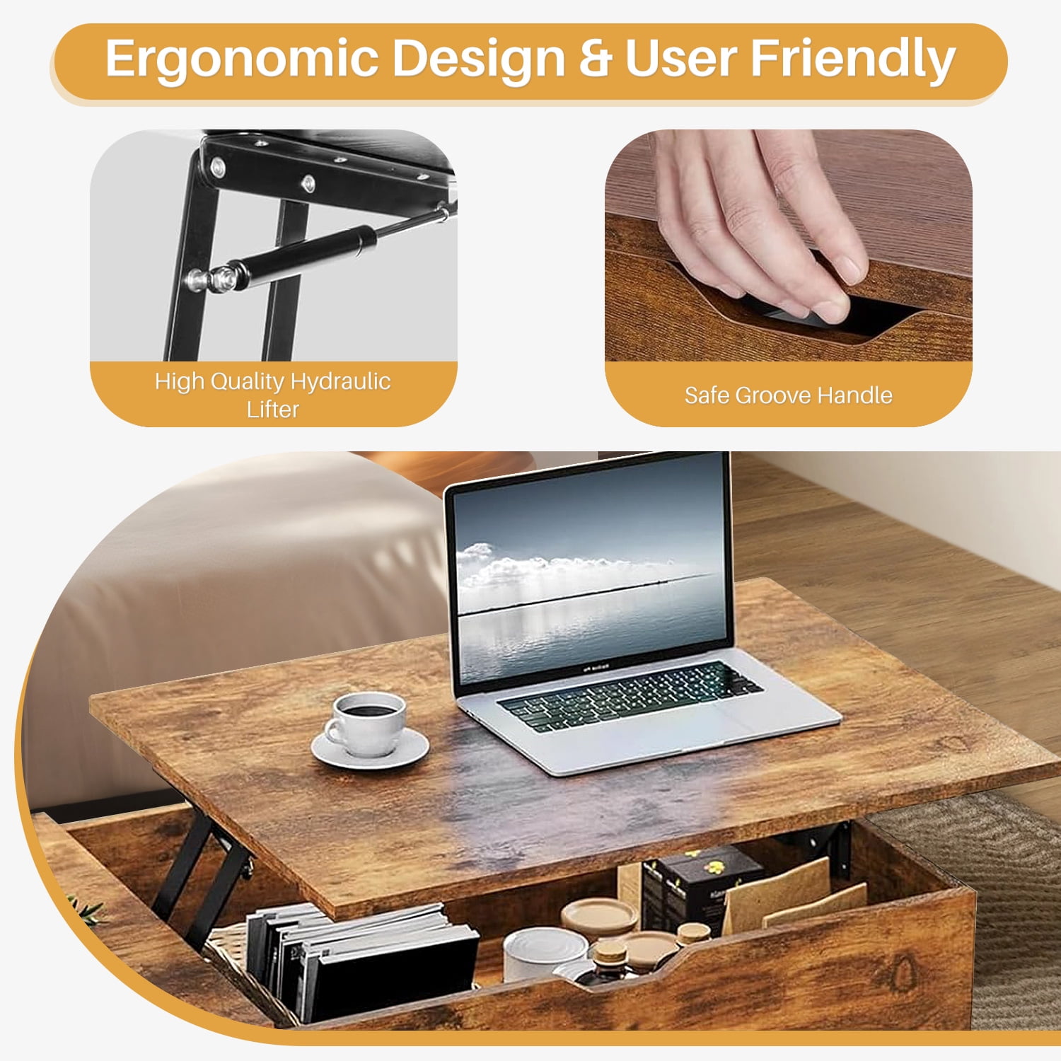 Coffee Table, Lift Top Coffee Tables for Living Room, Small Modern Wooden Center Tables with Storage Shelf and Hidden Compartment