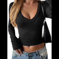 thumbnail image 2 of Camisas de Larga para Mujer, Moda de Otoño, Cuello en V, Básicas, Tops Cortos, Entallados, Y2K, Conjuntos, Ropa. Negro L, 2 of 8