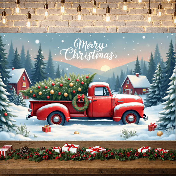 Festive Design Merry Christmas Vintage Truck Banner Rustic Look Snowy Scene Christmas Trees for Holiday Party Home Decoration Seasonal Celebration Christmas Eve
