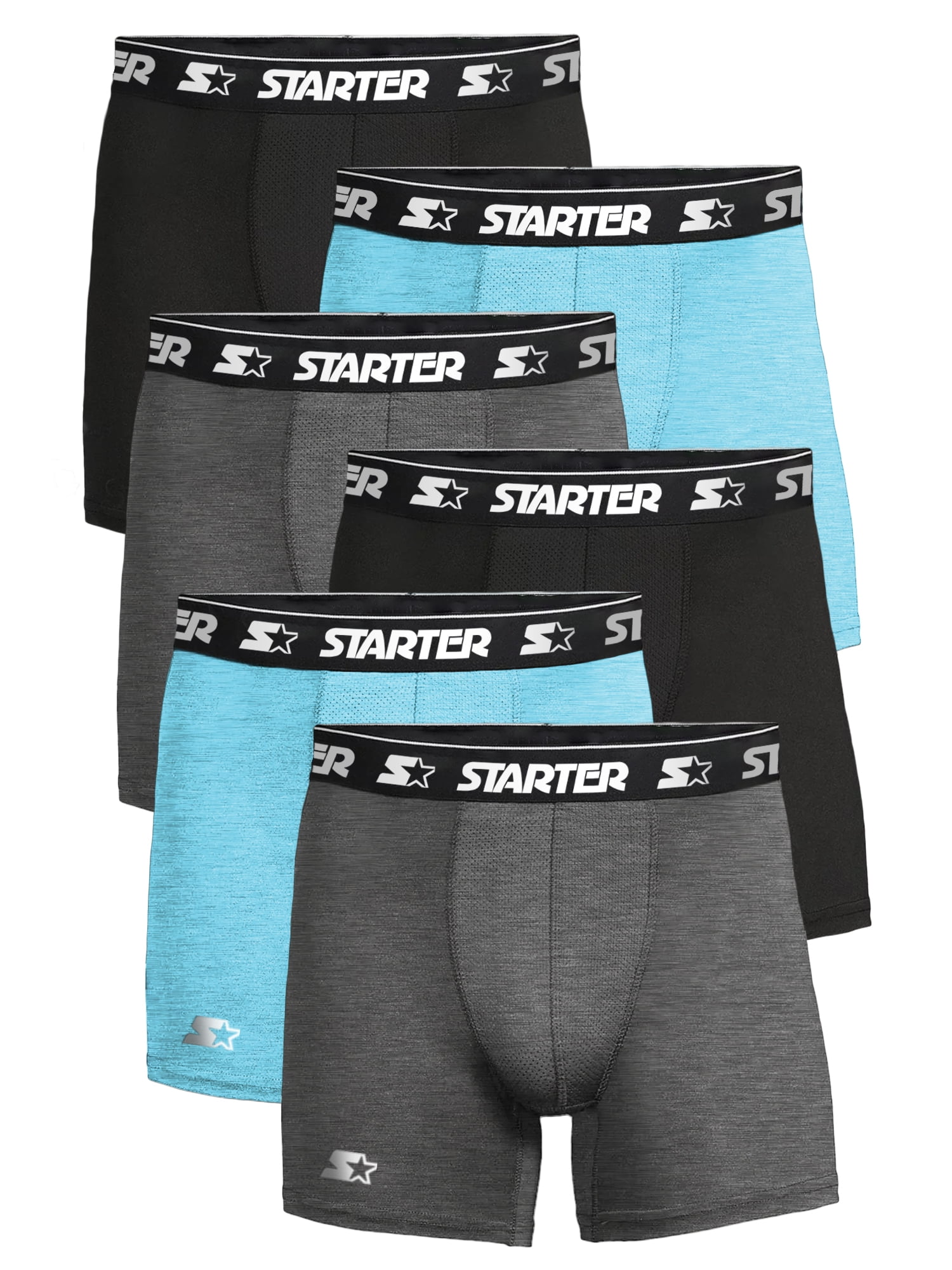 (2 pack) Starter Mens Boxer Briefs Active Performance Breathable Underwear for Men, Black/Charcoal Melange/Team Light Blue Melange 6-Pack