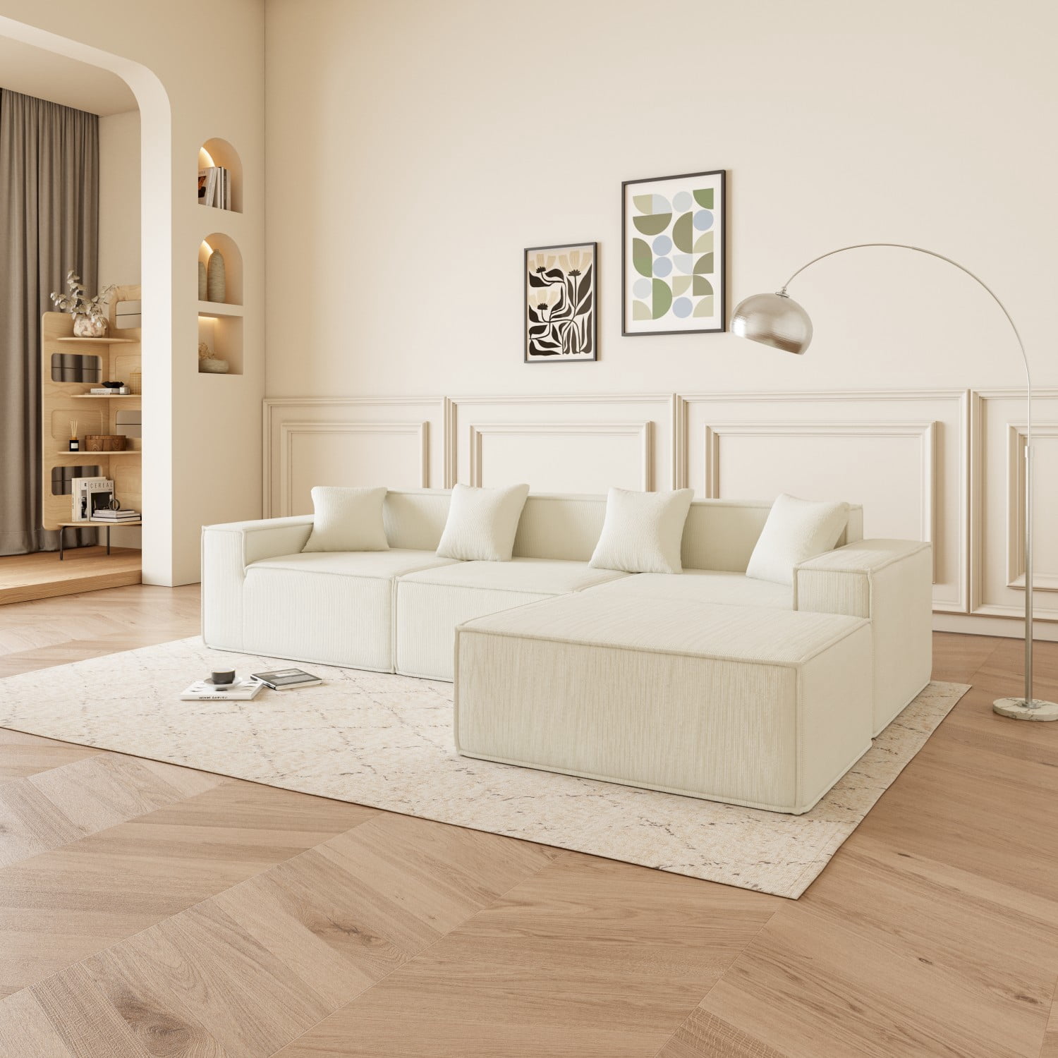 Gewnee Deep Seat Modular L-Shaped Sectional Sofa Couch With Ottoman Cloud Corduroy Couches for Living Room